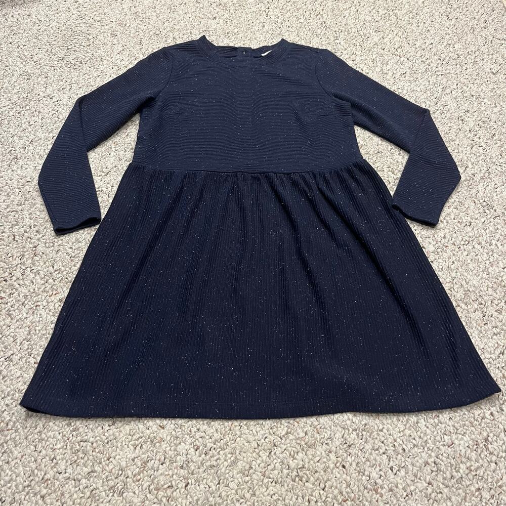 NWT Loft Button Back Long Sleeve Swing Dress Sz M Petite Navy Ribbed Teacher